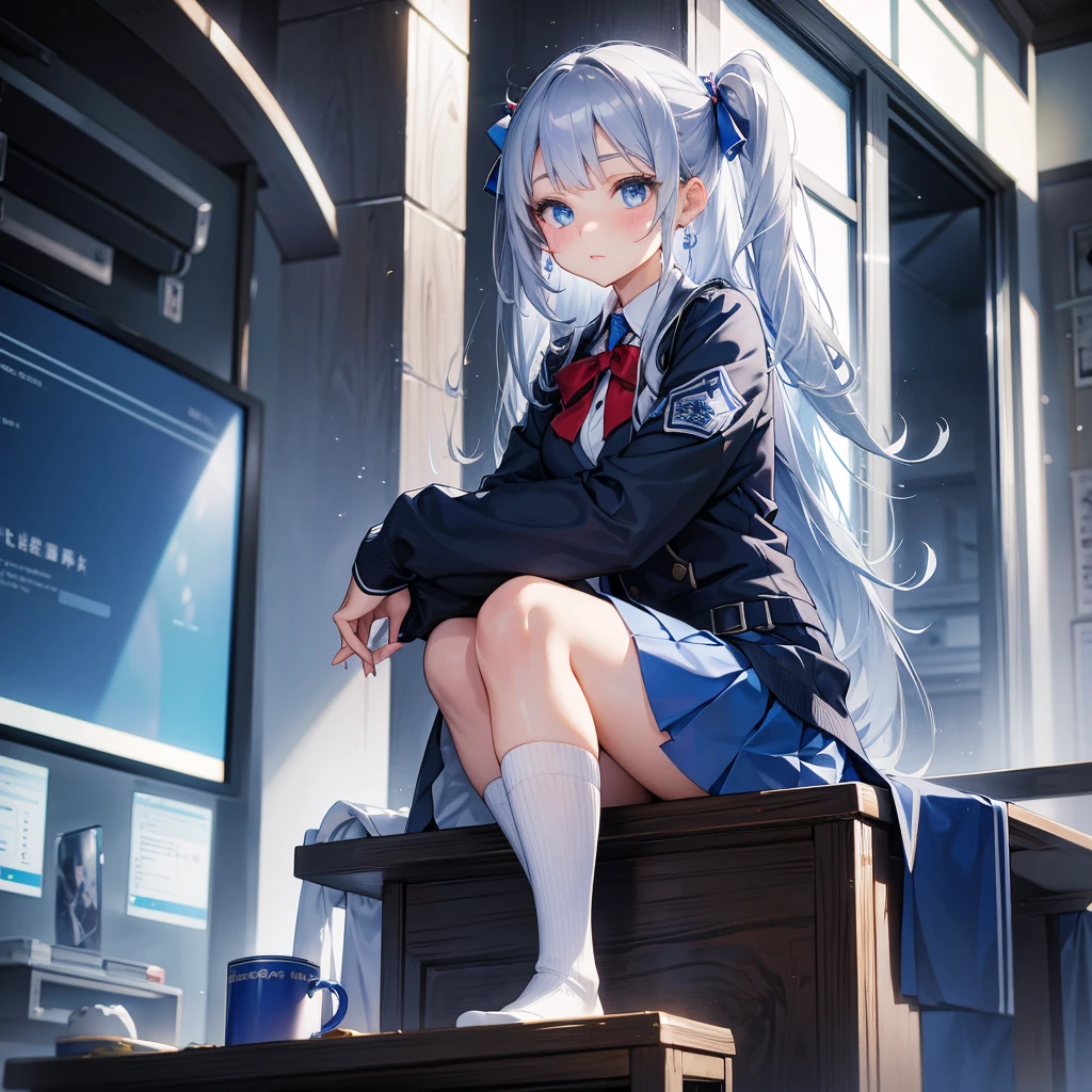 Silver Hair、Blue Eyes、beautiful girl、high school girl。uniform、Knee socks、　