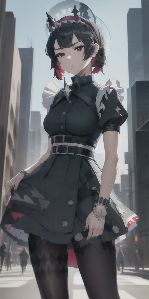 Anti-Joe, Ugly Joe, Black Hair, Colored undercoat, multicoloRed hair, (Red Eyes:1.3), Red hair, short hair, Two-tone hair,
rest bapron, black Pantyhose, black shirt, black skirt, ear punching, arrive, fish Tail, maid, maid apron, maid headdress, Pantyhose, punching, puffy Short sleeve, Puff sleeves, Shark Girl, shark Tail, shirt, Short sleeve, skirt, Tail, Two-tone hair, Wrist sleeves,
rest outdoors, City, Sky, cloud, sun, architecture, crowd, people, alley,
rest looking at viewer, (Cowboy shooting:1.5),
rest (masterpiece:1.2), best quality, high resolution, Unity 8K wallpaper, (illustration:0.8), (beautiful deTailed eyes:1.6), extremely deTailed face, Perfect lighting, extremely deTailed CG, (Perfect hands, Perfect anatomical structure),