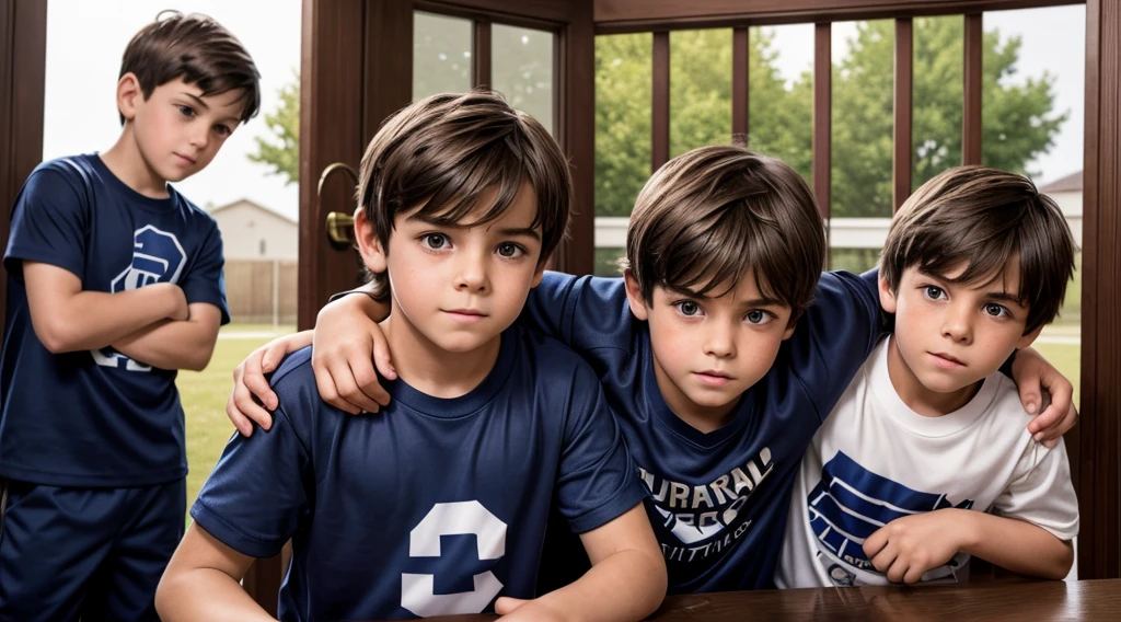 Photorealistic representation of a 7-year-old boy with straight dark brown hair and bangs covering his forehead, featuring large, expressive brown eyes. Her round face and slightly rosy cheeks contribute to her innocent appearance. The boy is partially wearing a navy blue , consisting of a long-sleeved t-shirt and matching pants. He is hanging in the center of a football goal, looking scared and vulnerable.

Three older boys push the structure, trying to knock it down, with mischievous and cruel expressions on their faces. The scene captures a hopeful yet melancholy atmosphere, depicting a boy from the mid-90s. Capture the image in the pot preview. This scene reflects the deep drama and bullying that many autistic children suffered during that period.