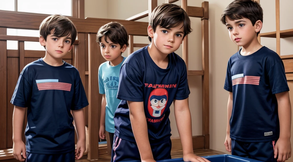 Photorealistic representation of a 7-year-old boy with straight dark brown hair and bangs covering his forehead, featuring large, expressive brown eyes. Her round face and slightly rosy cheeks contribute to her innocent appearance. The boy is partially wearing a navy blue , consisting of a long-sleeved t-shirt and matching pants. He is hanging in the center of a football goal, looking scared and vulnerable.
Three older boys push the structure, trying to knock it down, with mischievous and cruel expressions on their faces. The scene captures a hopeful yet melancholy atmosphere, depicting a boy from the mid-90s. Capture the image in the pot preview. This scene reflects the deep drama and bullying that many autistic children suffered during that period.