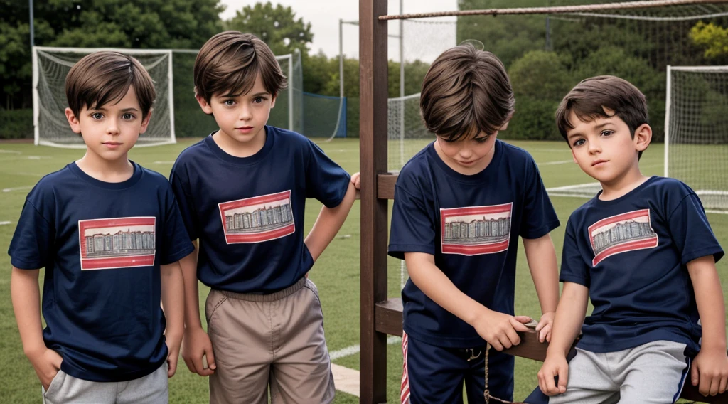 Photorealistic representation of a 7-year-old boy with straight dark brown hair and bangs covering his forehead, featuring large, expressive brown eyes. Her round face and slightly rosy cheeks contribute to her innocent appearance. The boy is partially wearing a navy blue , consisting of a long-sleeved t-shirt and matching pants. He is hanging in the center of a football goal, looking scared and vulnerable.
Three older boys push the structure, trying to knock it down, with mischievous and cruel expressions on their faces. The scene captures a hopeful yet melancholy atmosphere, depicting a boy from the mid-90s. Capture the image in the pot preview. This scene reflects the deep drama and bullying that many autistic children suffered during that period.