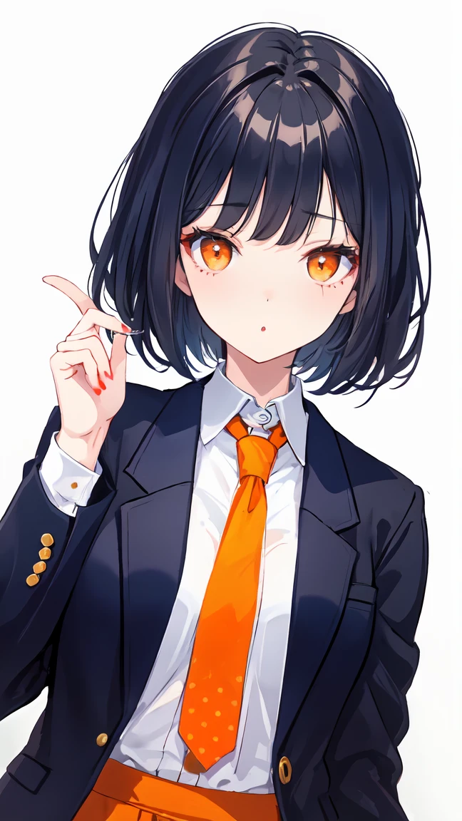 woman with short dark blue hair, dressed elegantly, with straight bangs, elegant, polka dots on her face, tie, orange eyes, silly