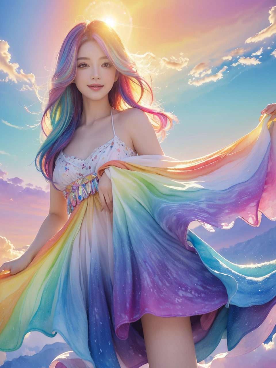(Masterpiece, Top Quality, Best Quality, Watercolor (Medium), Official Art, Beautiful and Aesthetic: 1.2), (1 Girl: 1.3), (Fractal Art: 1.3), Morning, Good Morning, Smile, Sunny Day, Cheerful, Look Viewer, Pattern, Wave, (Iridescent Hair, Colorful Hair: 1.2), Sky, Gas, Clouds, Colorful, Soap Bubbles