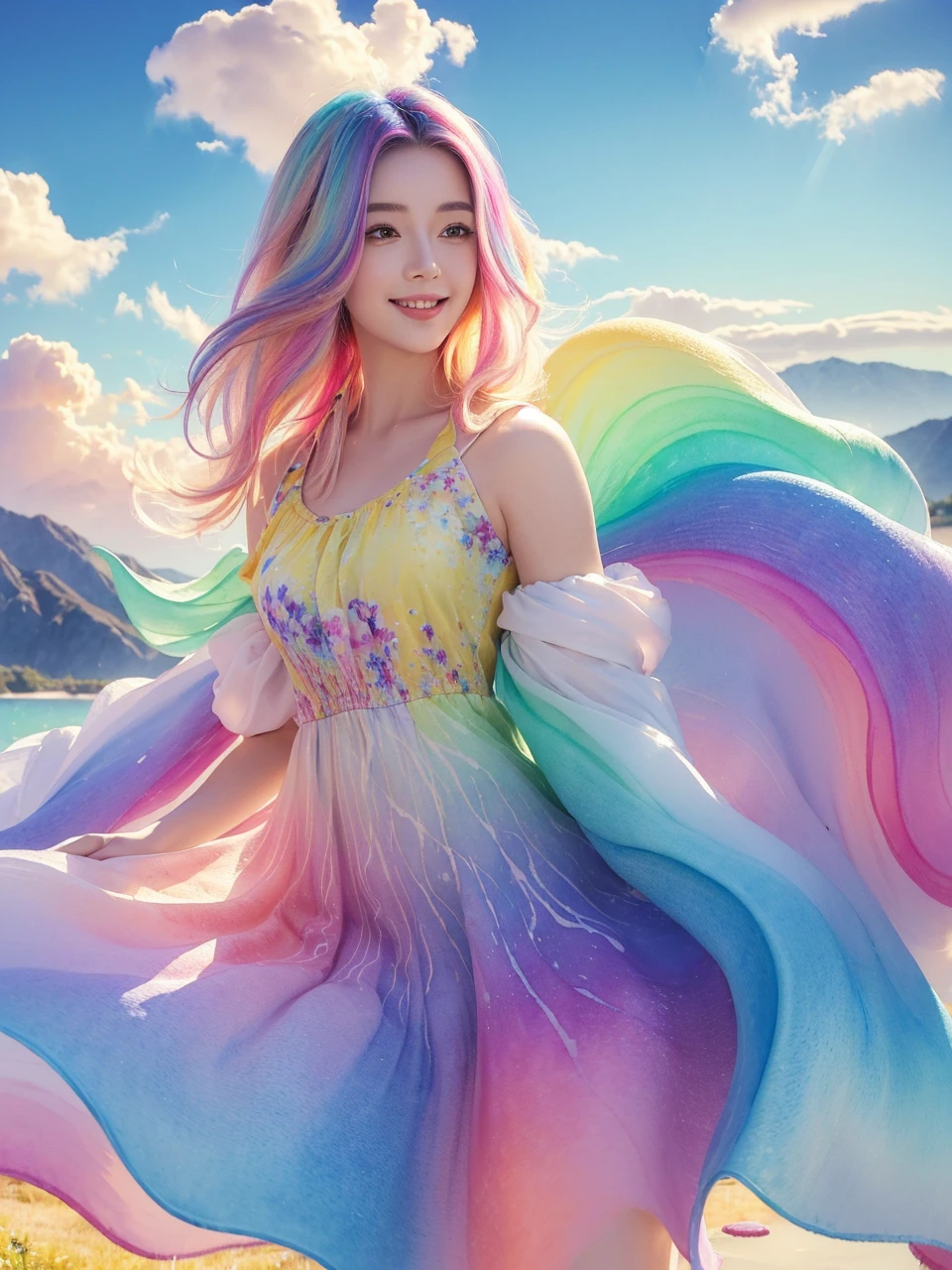 (Masterpiece, Top Quality, Best Quality, Watercolor (Medium), Official Art, Beautiful and Aesthetic: 1.2), (1 Girl: 1.3), (Fractal Art: 1.3), Morning, Good Morning, Smile, Sunny Day, Cheerful, Look Viewer, Pattern, Wave, (Iridescent Hair, Colorful Hair: 1.2), Sky, Gas, Clouds, Colorful, Soap Bubbles