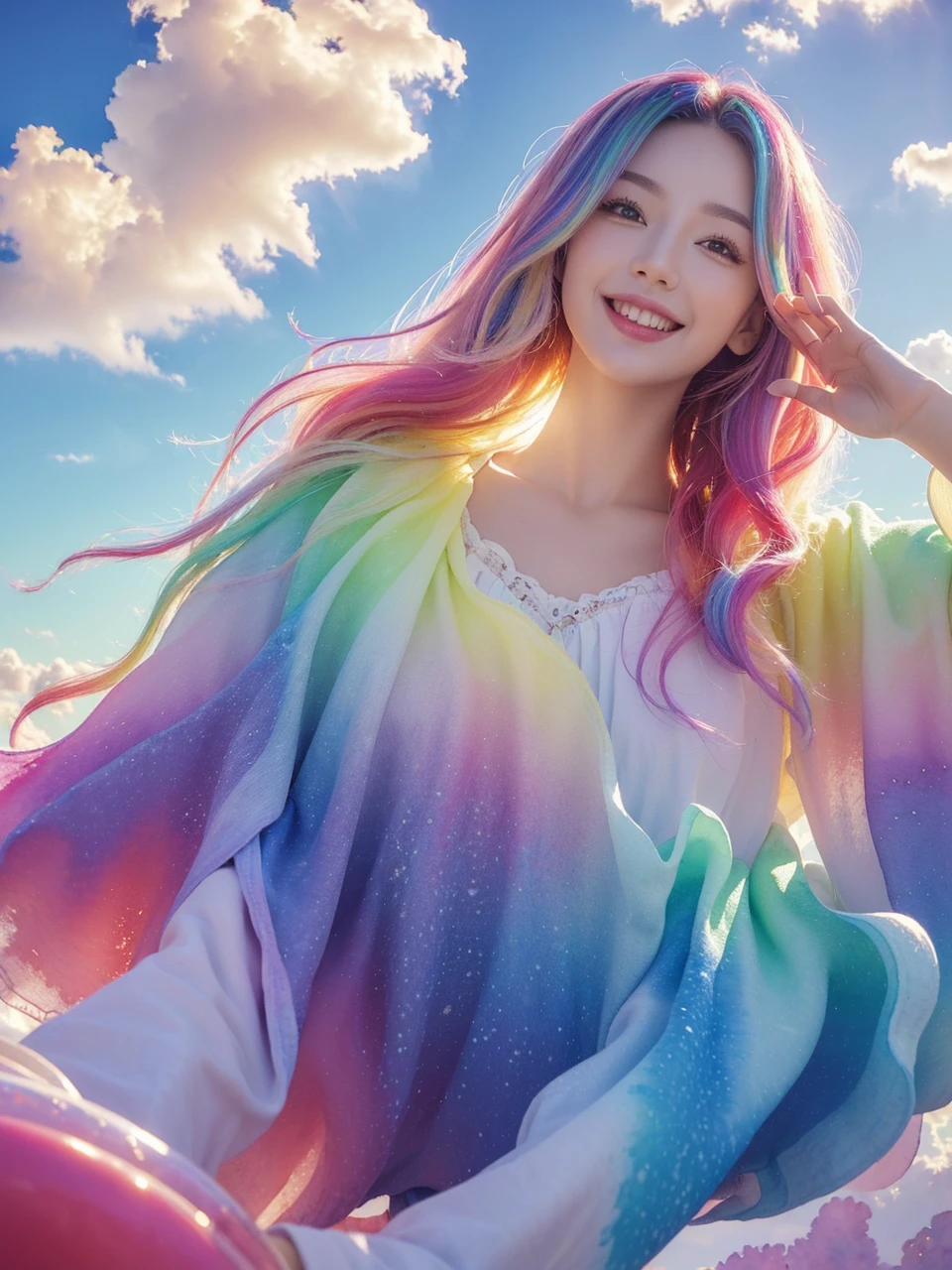 (Masterpiece, Top Quality, Best Quality, Watercolor (Medium), Official Art, Beautiful and Aesthetic: 1.2), (1 Girl: 1.3), (Fractal Art: 1.3), Morning, Good Morning, Smile, Sunny Day, Cheerful, Look Viewer, Pattern, Wave, (Iridescent Hair, Colorful Hair: 1.2), Sky, Gas, Clouds, Colorful, Soap Bubbles