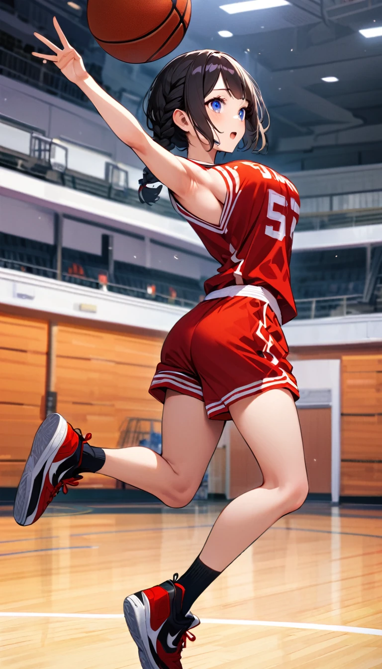 Highest quality、High resolution、Detailed Background、Beautiful Face、High detail、(Perfect Anatomy, Perfect Style)、(Detailed facial expressions)、(fine grain:1.2)、Teenage Beauty、(very wide shot:1.5, full body:1.4), One Girl、, Cute black hair、Braided Bob, Braided, clear, deep blue eyes、Braided Ponytail, Braided bob cut, Basketball game in the gym, jumping:1.5, dunking:1.5, brake, Incredible jumping ability:1.5, Suspended in the air in a shooting position:1.5, Incredible jumping power and long flight times, ((aerial view:1.5, shoot from side, looking up)), (Bright red basketball uniform:1.5, White Line、Same color above and below, No sleeve:1.5, Shorts, High-cut basketball shoes)、(armpit:1.2), ((large breasts:1.2, pointy breasts:1.2, high breasts:1.2)), Throw a basketball held above your head into the top of the goal, Dunk Shot、The goal ring is 3m above the ground.