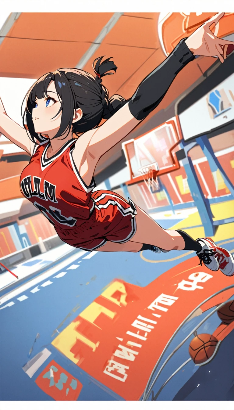 Highest quality、High resolution、Detailed Background、Beautiful Face、High detail、(Perfect Anatomy, Perfect Style)、(Detailed facial expressions)、(fine grain:1.2)、Teenage Beauty、(very wide shot:1.5, full body:1.4), One Girl、, Cute black hair、Braided Bob, Braided, clear, deep blue eyes、Braided Ponytail, Braided bob cut, Basketball game in the gym, jumping:1.5, dunking:1.5, brake, Incredible jumping ability:1.5, Suspended in the air in a shooting position:1.5, Incredible jumping power and long flight times, ((aerial view:1.5, shoot from side, looking up)), (Bright red basketball uniform:1.5, White Line、Same color above and below, No sleeve:1.5, Shorts, High-cut basketball shoes)、(armpit:1.2), ((large breasts:1.2, pointy breasts:1.2, high breasts:1.2)), Throw a basketball held above your head into the top of the goal, Dunk Shot、The goal ring is 3m above the ground.