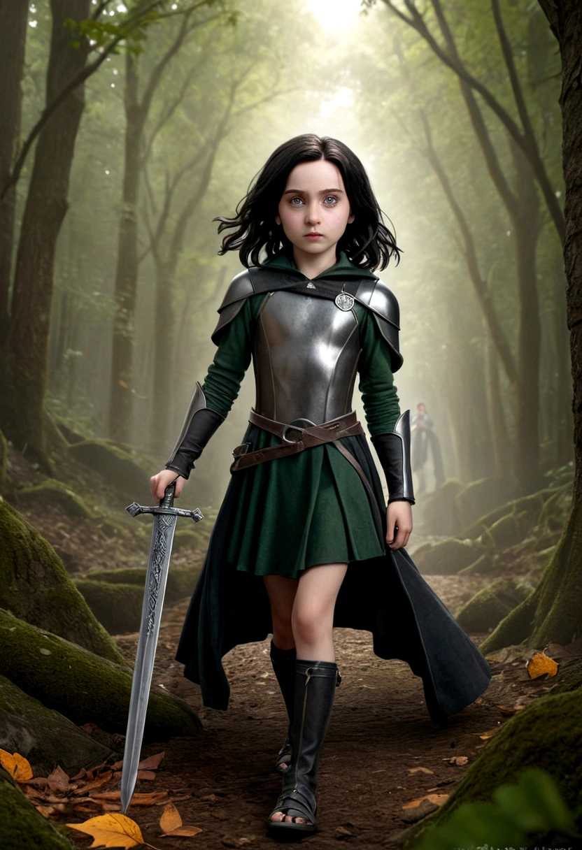 young 9-year-old daughter of severus snape,((highest quality)),(ultra high resolution),(Super detailed),(detailed description),((best CG)),(best work of art) ,black hair、radiant green eyes , (photo realistic:1.4), (hyper realistic:1.4), (realistic:1.3),whole body,zombie,girl,(metal silver breastplate),fall into one'Came back,lie,13 years old,No sleeve, whitened skin, in the forest,shoes,sword,,(legs without stockings),No underwear,thin body,(overlook),(whole body),Looking down on the whole body from the sky,open your eyes,bionde,stretch your legs,barefoot