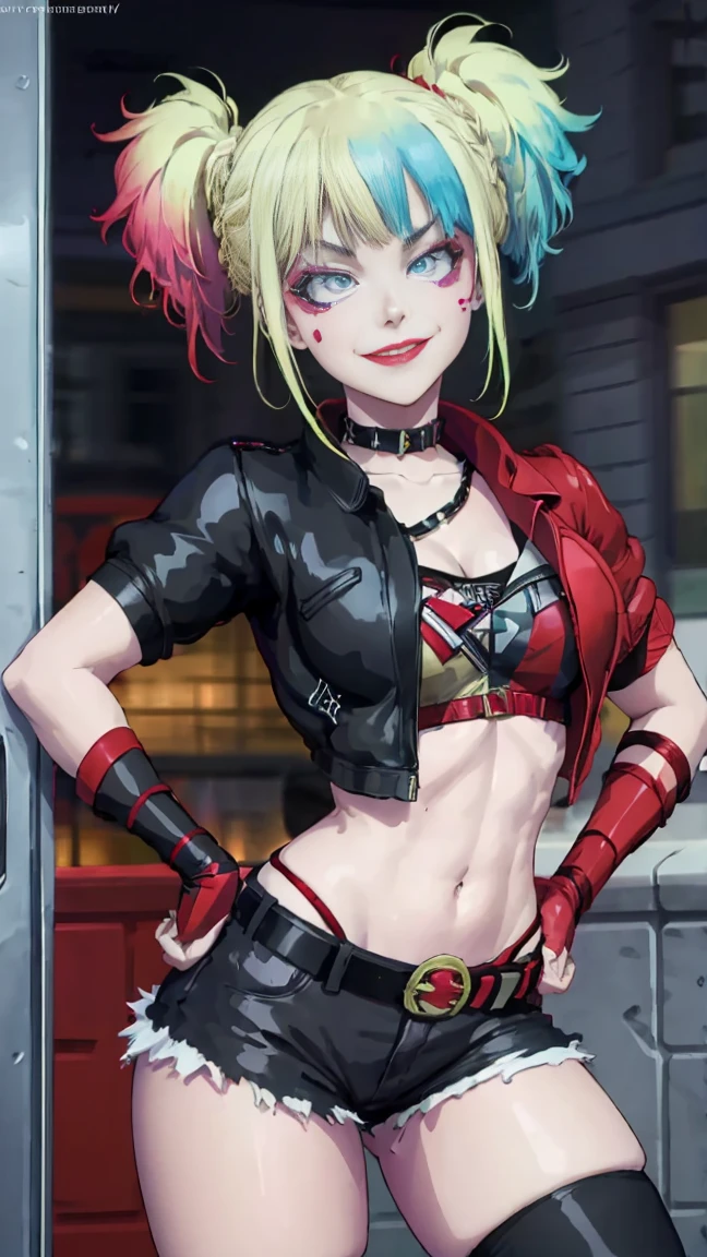 masterpiece, Best quality, A high resolution, 1 girl, hair braided in two short ponytails, very detailed eyes, Fine detail, Correct anatomy 1.1., Harley Quinn from Suicide Squad, open jacket with short sleeves shorts studded belt mesh belt chain gloves bracelet hand on hip, smile, woman, adult girl, real photos、smile, tmasterpiece, (pink kimono), seductive face, Ideal girl, perfect details, Ultra HD |, 8 k, professional photo, anime style,