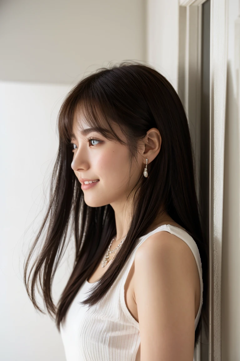White wall、In front of a white door、(窓のあるWhite wallの部屋)、(8K、Live Shooting、Highest quality、masterpiece:1.2)、High-quality RAW color photos、Professional photos、(Genuine、フォトGenuine:1.37)、Photographed in natural light、1 Girl、Lazy smile、(Various poses)、Blake (Ombre:1.3) 、Spring Clothes、 necklace、(Beautiful profile:1.3)、Don&#39;t look at the camera、profile、Shortcuts、((Brown Hair))、short hair、The eye  is dark brown、(Beautiful profile:1.3)、Correct hand of human body、Looking down、Pastel colored blouses
