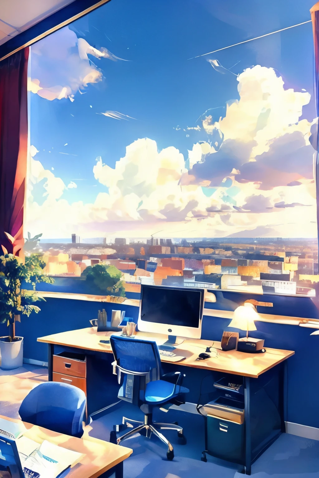 (Highest quality), A comfortable study desk, computer,Large windows,City view,blue sky