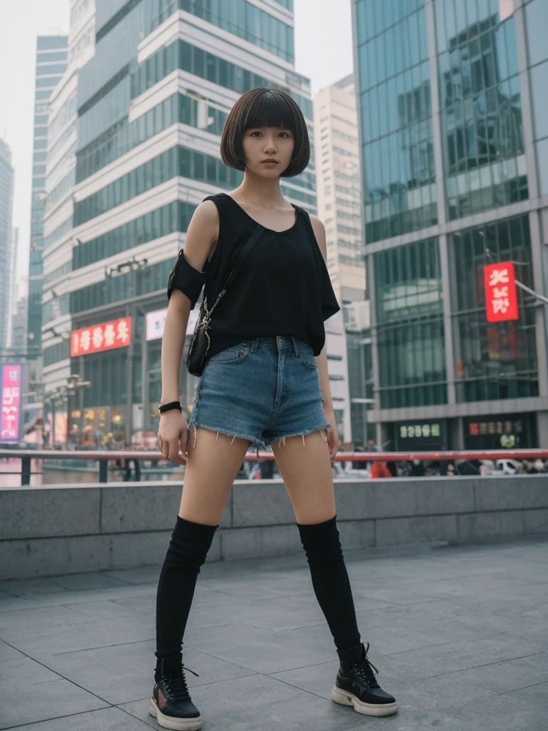 her name is Asako, high quality, 1girl, ((20-year-old fit Caucasian woman)), ((20 years old)), ((slim)), ((Edgy Bowl Cut hair)), pose: standing, wearing edgy Generation-Z modern wear bright colored, BACKGROUND:At the Tsim Sha Tsui Promenade, with stunning views of the Victoria Harbor and the Symphony of Lights show