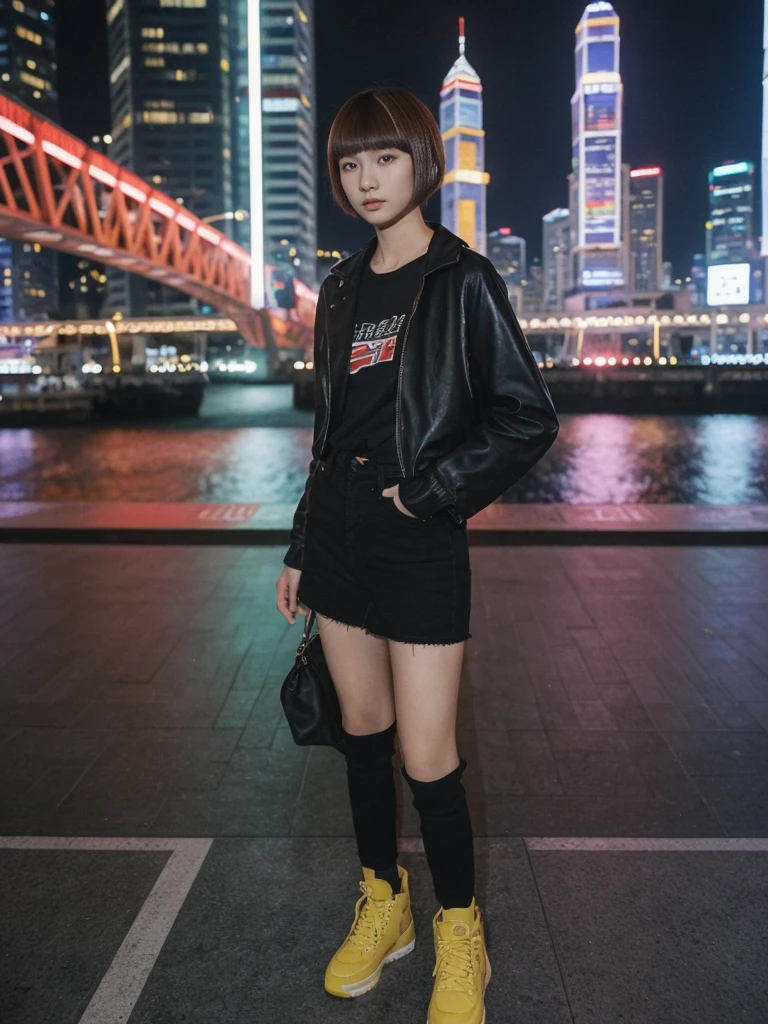 her name is Asako, high quality, 1girl, ((20-year-old fit Caucasian woman)), ((20 years old)), ((slim)), ((Edgy Bowl Cut hair)), pose: standing, wearing edgy Generation-Z modern wear bright colored, BACKGROUND:At the Tsim Sha Tsui Promenade, with stunning views of the Victoria Harbor and the Symphony of Lights show