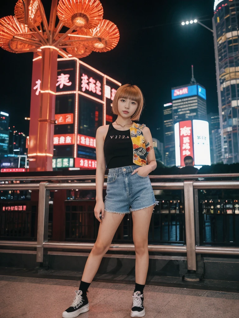 her name is Asako, high quality, 1girl, ((20-year-old fit Caucasian woman)), ((20 years old)), ((slim)), ((Edgy Bowl Cut hair)), pose: standing, wearing edgy Generation-Z modern wear bright colored, BACKGROUND:At the Tsim Sha Tsui Promenade, with stunning views of the Victoria Harbor and the Symphony of Lights show