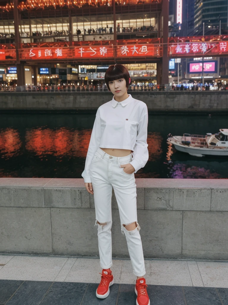 her name is Asako, high quality, 1girl, ((20-year-old fit Caucasian woman)), ((20 years old)), ((slim)), ((Edgy Bowl Cut hair)), pose: standing, wearing edgy Generation-Z modern wear bright colored, BACKGROUND:At the Tsim Sha Tsui Promenade, with stunning views of the Victoria Harbor and the Symphony of Lights show