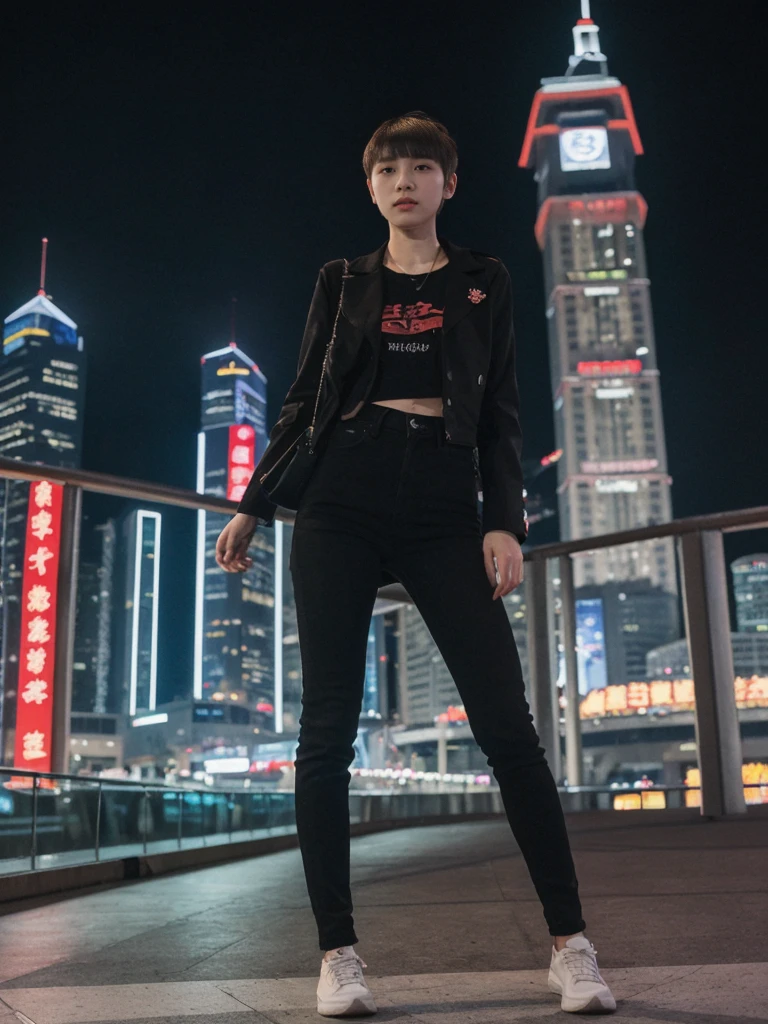 her name is Asako, high quality, 1girl, ((20-year-old fit Caucasian woman)), ((20 years old)), ((slim)), ((Edgy Bowl Cut hair)), pose: standing, wearing edgy Generation-Z modern wear bright colored, BACKGROUND:At the Tsim Sha Tsui Promenade, with stunning views of the Victoria Harbor and the Symphony of Lights show