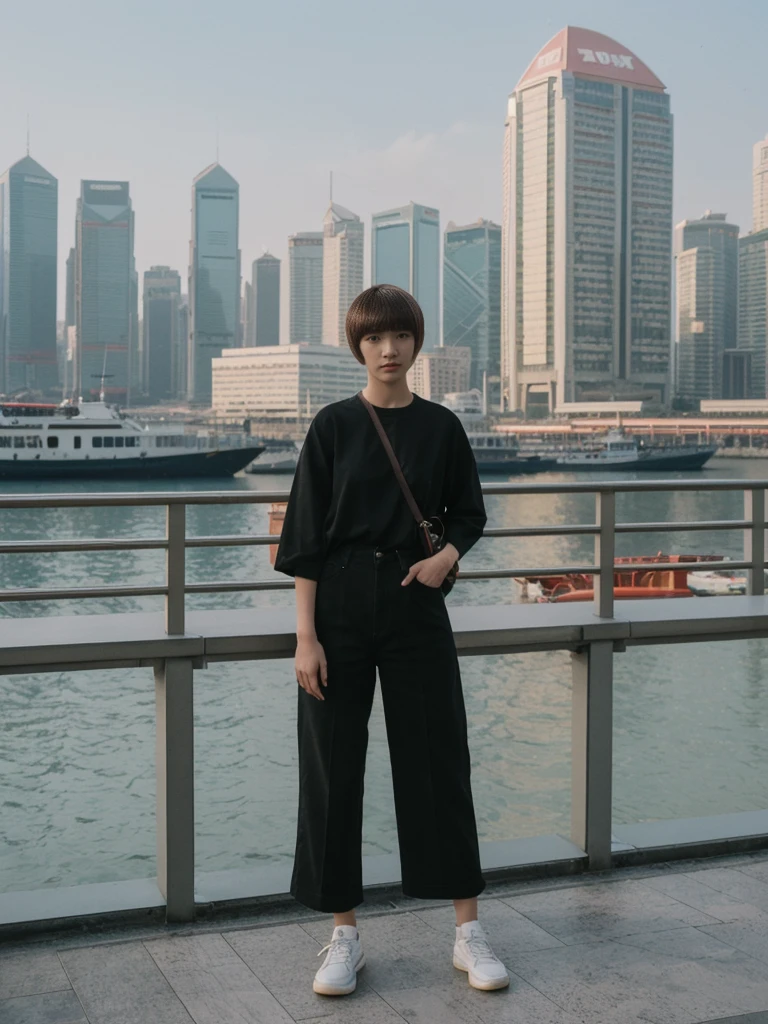 her name is Asako, high quality, 1girl, ((20-year-old fit Caucasian woman)), ((20 years old)), ((slim)), ((Edgy Bowl Cut hair)), pose: standing, wearing edgy Generation-Z modern wear bright colored, BACKGROUND:At the Tsim Sha Tsui Promenade, with stunning views of the Victoria Harbor and the Symphony of Lights show