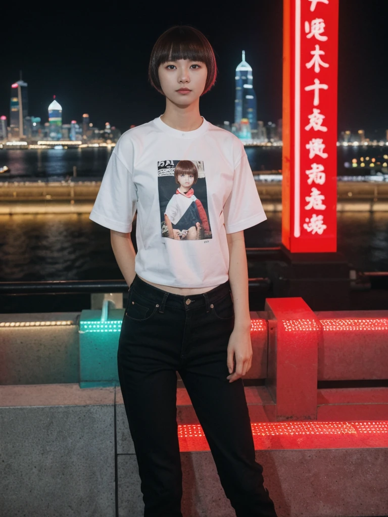 her name is Asako, high quality, 1girl, ((20-year-old fit Caucasian woman)), ((20 years old)), ((slim)), ((Edgy Bowl Cut hair)), pose: standing, wearing edgy Generation-Z modern wear bright colored, BACKGROUND:At the Tsim Sha Tsui Promenade, with stunning views of the Victoria Harbor and the Symphony of Lights show