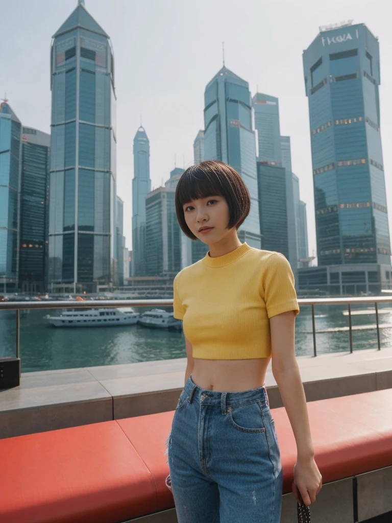 her name is Asako, high quality, 1girl, ((20-year-old fit Caucasian woman)), ((20 years old)), ((slim)), ((Edgy Bowl Cut hair)), pose: standing, wearing edgy Generation-Z modern wear bright colored, BACKGROUND:At the Tsim Sha Tsui Promenade, with stunning views of the Victoria Harbor and the Symphony of Lights show