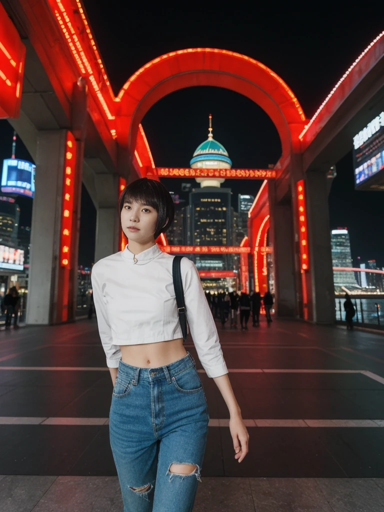 her name is Asako, high quality, 1girl, ((20-year-old fit Caucasian woman)), ((20 years old)), ((slim)), ((Edgy Bowl Cut hair)), pose: standing, wearing edgy Generation-Z modern wear bright colored, BACKGROUND:At the Tsim Sha Tsui Promenade, with stunning views of the Victoria Harbor and the Symphony of Lights show