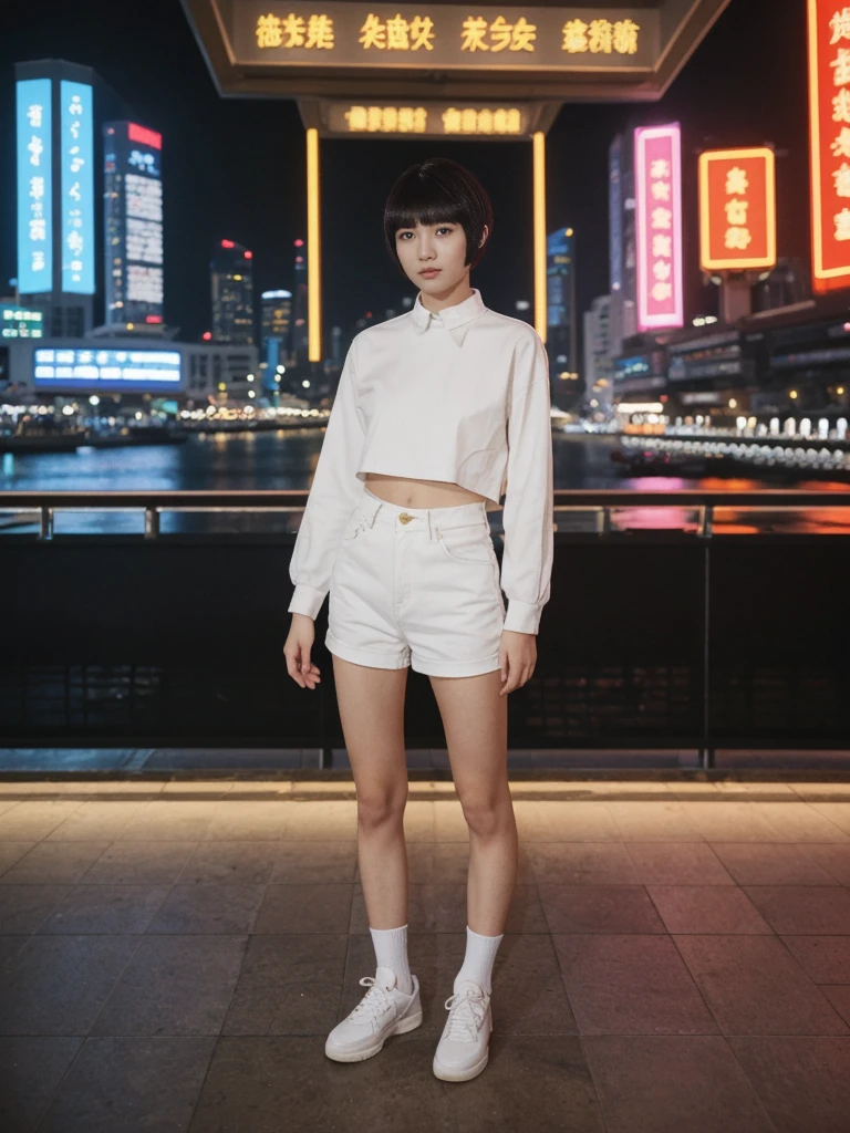 her name is Asako, high quality, 1girl, ((20-year-old fit Caucasian woman)), ((20 years old)), ((slim)), ((Edgy Bowl Cut hair)), pose: standing, wearing edgy Generation-Z modern wear bright colored, BACKGROUND:At the Tsim Sha Tsui Promenade, with stunning views of the Victoria Harbor and the Symphony of Lights show