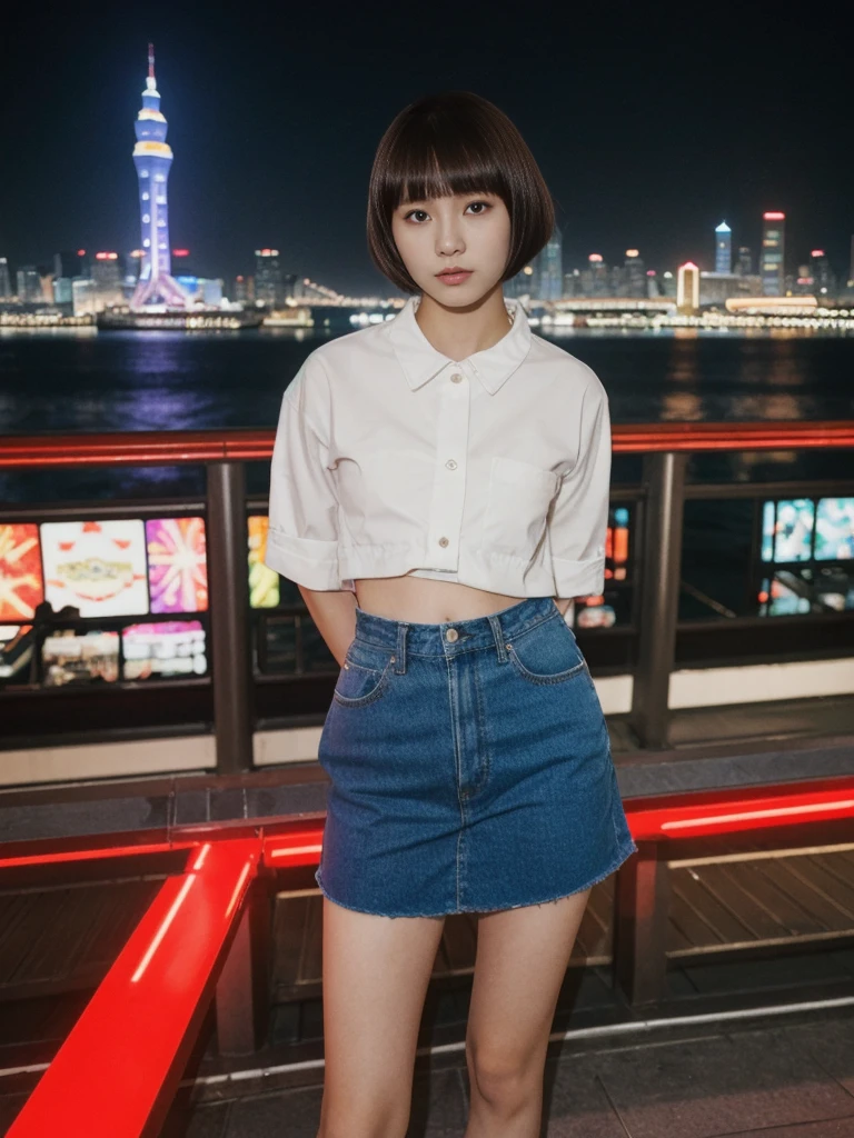 her name is Asako, high quality, 1girl, ((20-year-old fit Caucasian woman)), ((20 years old)), ((slim)), ((Edgy Bowl Cut hair)), pose: standing, wearing edgy Generation-Z modern wear bright colored, BACKGROUND:At the Tsim Sha Tsui Promenade, with stunning views of the Victoria Harbor and the Symphony of Lights show