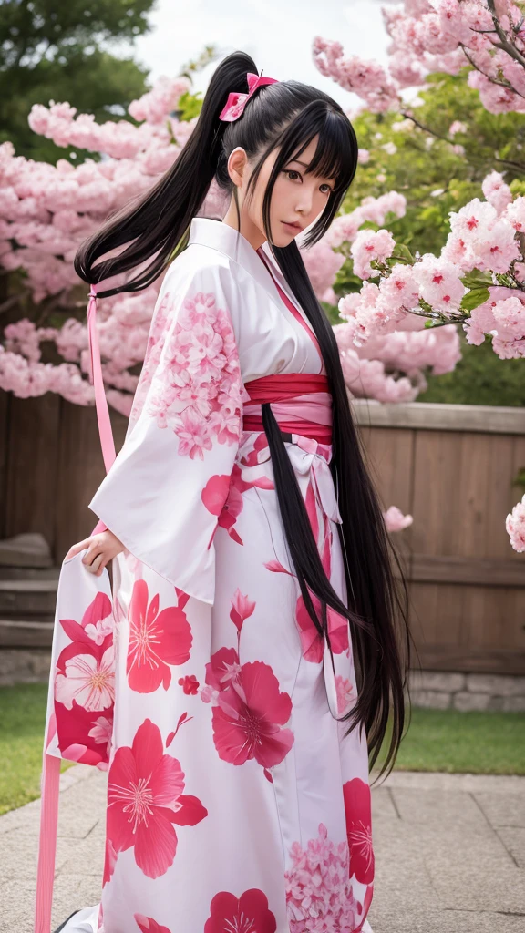 Sakura Wars Jinguji Sakura Full body Front view Long black hair Ponytail Large ribbon Sakura patterned kimono