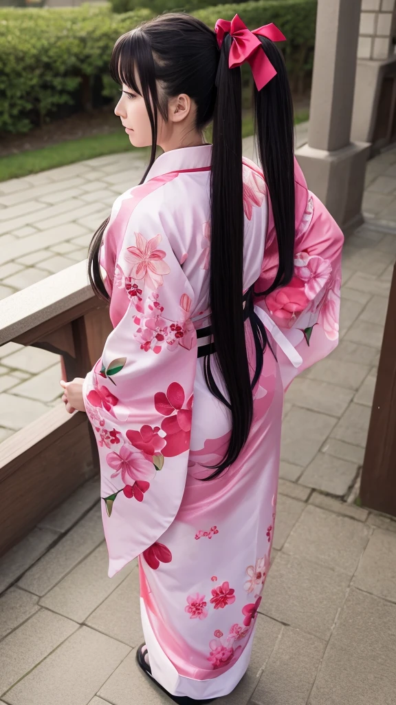 Sakura Wars Jinguji Sakura Full body Front view Long black hair Ponytail Large ribbon Sakura patterned kimono