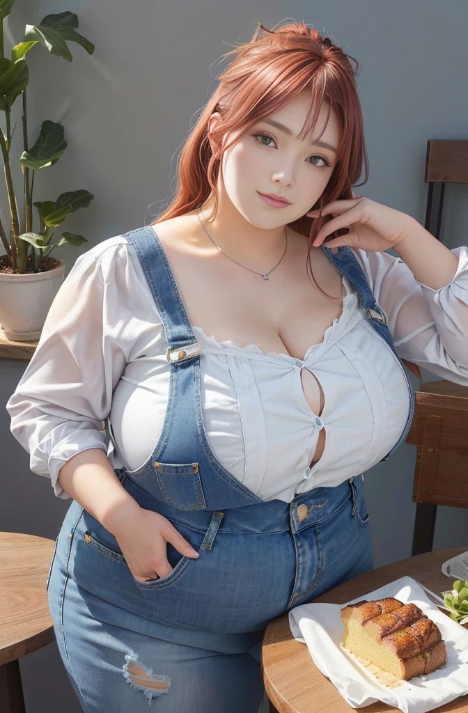 Makima de l'anime "chainsaw man", bbwchan, corps entier, magnifique et ultra détaillée. Ssbbw, obésité morbide, Cheveux rouges, yeux jaunes, visage gras, visage ultra détaillé et doux. Chemise, jupe en jean, pose dynamique, soleil, gros ventre rond et moux sur la table