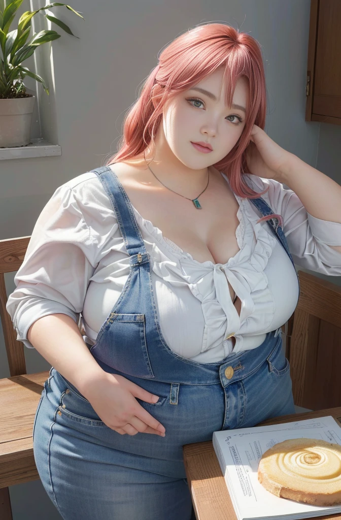 Makima de l'anime "chainsaw man", bbwchan, corps entier, magnifique et ultra détaillée. Ssbbw, obésité morbide, Cheveux rouges, yeux jaunes, visage gras, visage ultra détaillé et doux. Chemise, jupe en jean, pose dynamique, soleil, gros ventre rond et moux sur la table