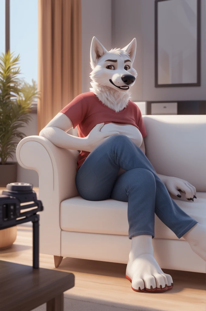 Varvara\(Moscow\), (white body:1.3), white fur, Brown eyes, Moscow, dressed, T-shirt, jeans, pink sandals, dog, wolf, Detailed fur, Woman, breasts, anthro, paw pads, toe claws, treats guests, waves to the viewer, 5 fingers, paws, 4 toes, ring, sits at home
BREAK from nextel, for dating, from xenoforge, (complex, high detail, filming, soft focus, RAW while sitting at home,
Photorealism, realism, photorealism, digital style, Subsurface scattering,
masterpiece, Best quality, ultra realistic, 8k)