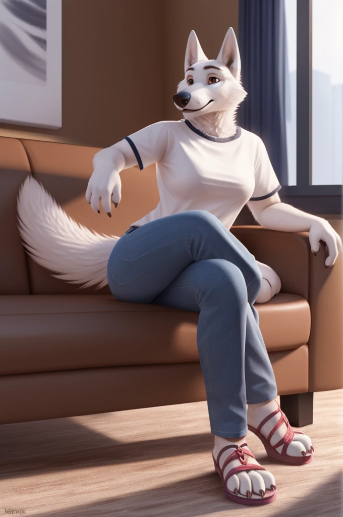 Varvara\(Moscow\), (white body:1.3), white fur, Brown eyes, Moscow, dressed, T-shirt, jeans, pink sandals, dog, wolf, Detailed fur, Woman, breasts, anthro, paw pads, toe claws, treats guests, waves to the viewer, 5 fingers, paws, 4 toes, ring, sits at home
BREAK from nextel, for dating, from xenoforge, (complex, high detail, filming, soft focus, RAW while sitting at home,
Photorealism, realism, photorealism, digital style, Subsurface scattering,
masterpiece, Best quality, ultra realistic, 8k)