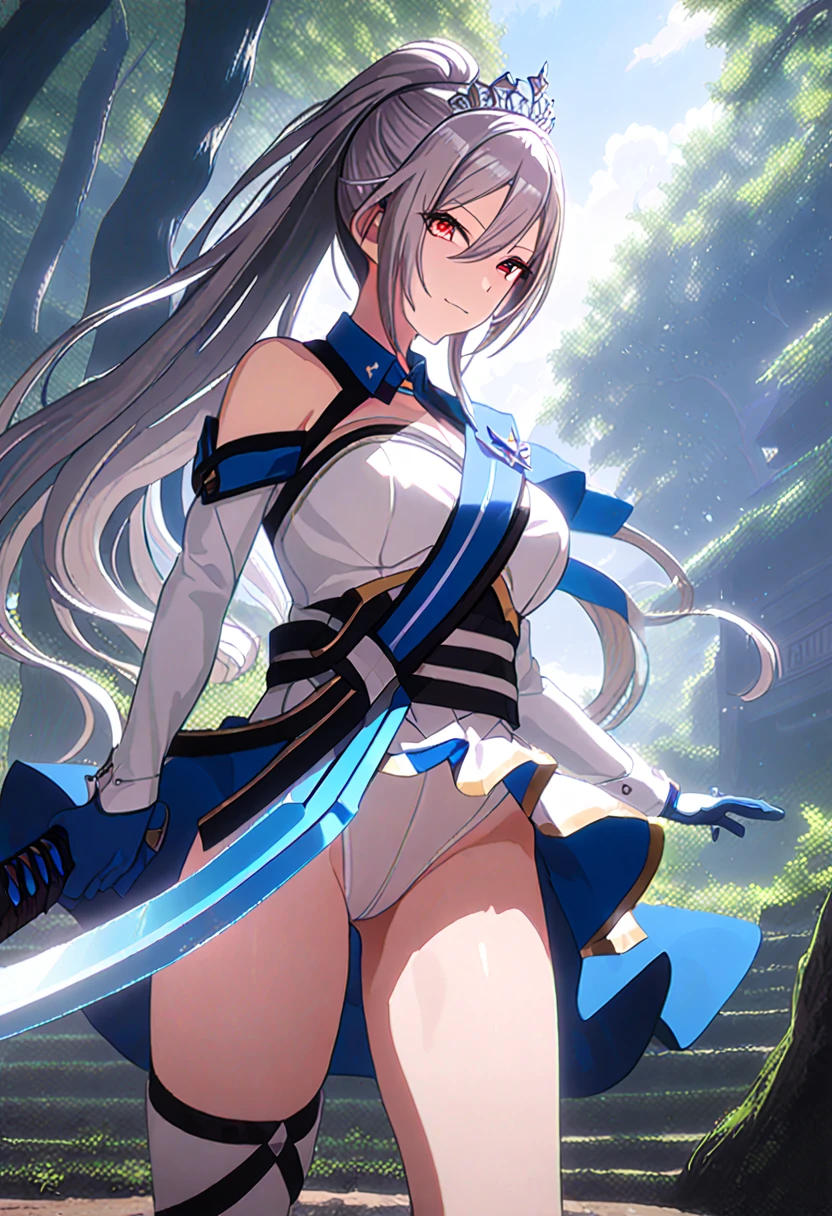 Highest quality、unity 8k wallpaper、32k、masterpiece、Very detailed、Ultra-high resolution、Very detailedな顔, RAW Photos, Professional, Ultra-fine painting, Midnight blue long ponytail、Platinum tiara with blue gemstones、Red eyes、(Tree Eyes), Cool and sharp features, shirase sakuya, Female magical warrior、white&gold breastplate、Blue and white leotard、(((With side armor and long slits、ブルーとwhiteゴールドで装飾されたペンシルスカート)))、Half puff sleeves with shoulder pads、A large white ribbon with a large sapphire on the chest、White and blue long gloves、White and blue thigh-high stiletto boots、whole body、She has a sword with a glowing blue blade.