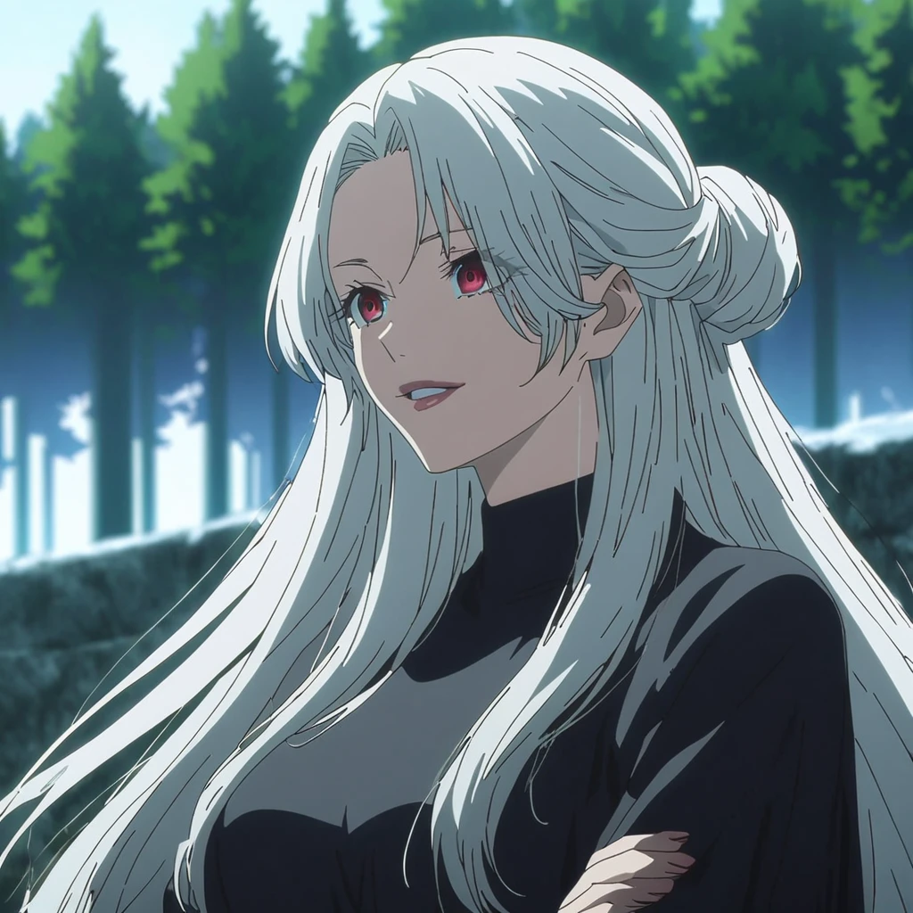 1girl, anime screencap from jujutsu kaisen, solo, very long_hair, ((smooth texture hair)) purple eyes, ((long hair, white hair, hair bun , red_eye)), breasts, upper_body, smile, forest background, red_eyes, lips, ((long white hair, elegant hairstyle, hair bun ,red_eye)) wearing black color clothes, breast, "very detailed and high resolution" (red eyes) ((cross arms))  ((smooth texture hair)) ((solo)) ((high resolution)) (Good quality) 