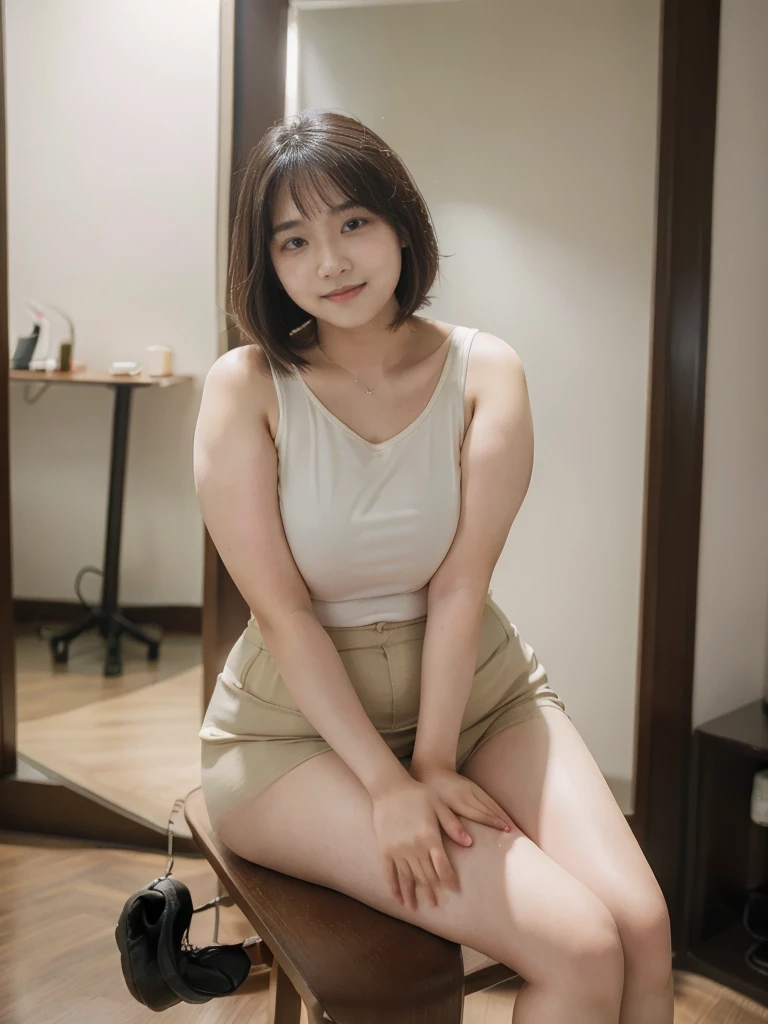 her name is Akira, high quality, 1girl, ((18-year-old chubby asian woman)), ((18 years old)), (((CHUBBY BODY))), SHORT BOB, pose: sitting, wearing stylish fashionable Generation-Z modern wear different colored, BACKGROUND: city