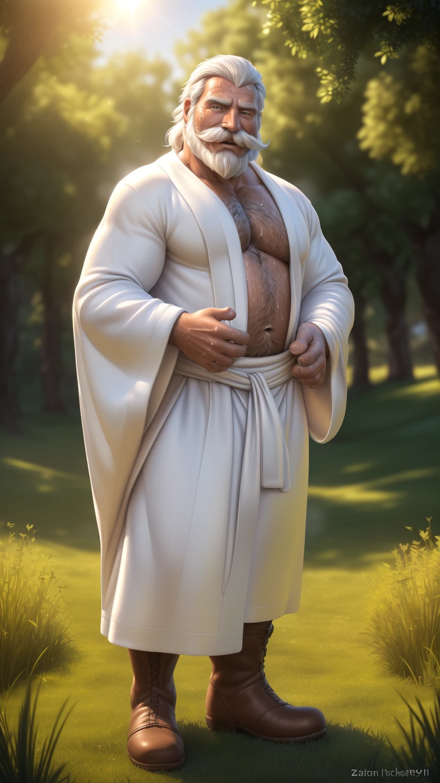 Gandalf, (pose:Full Body Shot), (posing:Full Body Shot), (soft shading), (((4k, hi res, Ray tracing))), ((((extreme detailed sweat drops, glistening, glistening body))), (((five fingers, detailed hands))), ((detailed face, (detailed eyes:1.0), detailed)), by zackarry911, by zaush, (by personalami:0.5), looking at viewer, (((happy,wise eyes))), (((old and wise))),shirtless, 1boy, (((Highly detailed hair))), standing,(((standing,ashamed))),((( Mustache,body hair, beard, tuft, arm tuft))),(((dad bod))) ,male focus, white hair, (((handsome))), nature, // ((human)),(((white Robe, brown boot))),((Human, looking at viewer)),((grassy field background, lens blur, lens flare)),