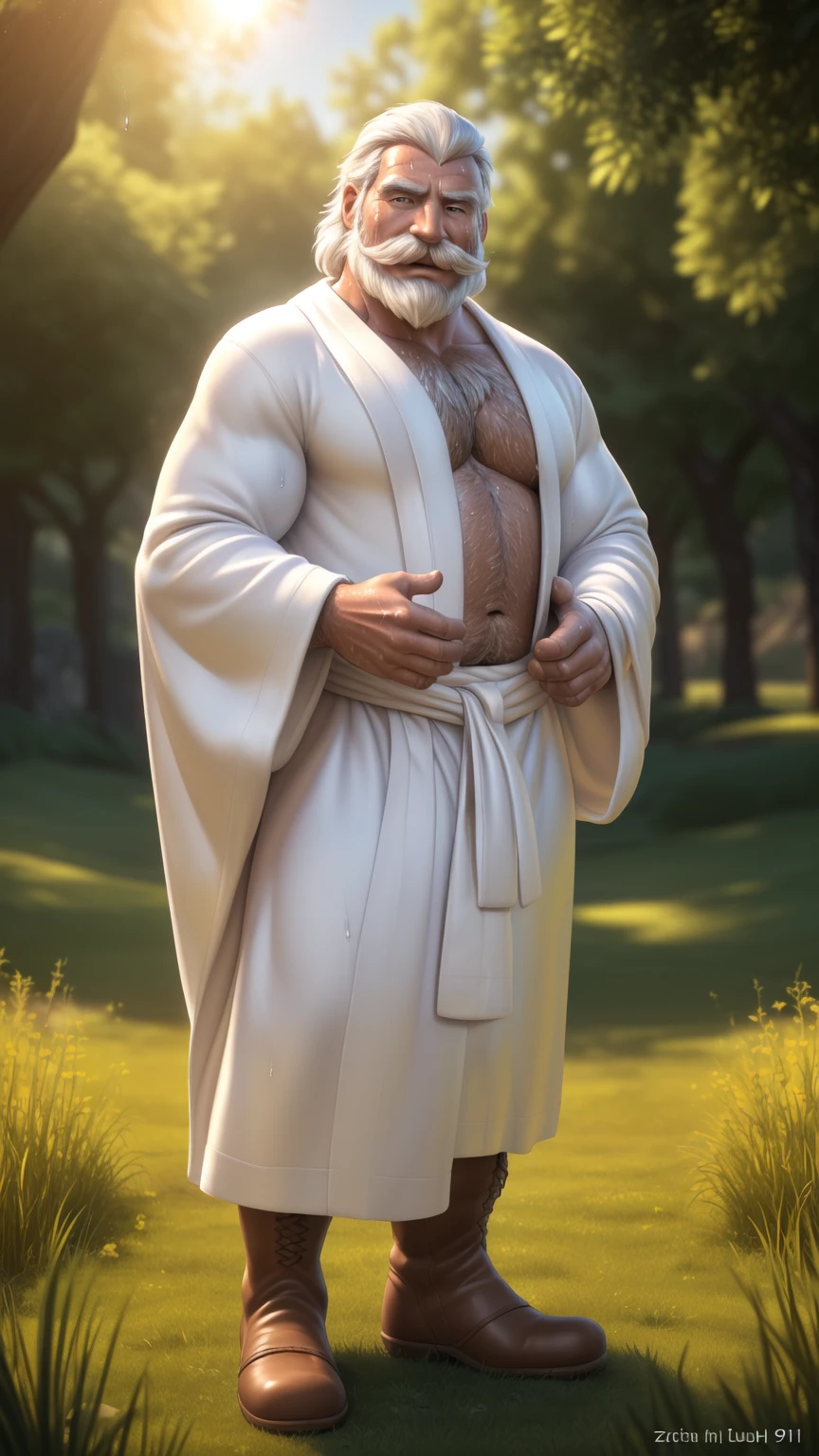 Gandalf, (pose:Full Body Shot), (posing:Full Body Shot), (soft shading), (((4k, hi res, Ray tracing))), ((((extreme detailed sweat drops, glistening, glistening body))), (((five fingers, detailed hands))), ((detailed face, (detailed eyes:1.0), detailed)), by zackarry911, by zaush, (by personalami:0.5), looking at viewer, (((happy,wise eyes))), (((old and wise))),shirtless, 1boy, (((Highly detailed hair))), standing,(((standing,ashamed))),((( Mustache,body hair, beard, tuft, arm tuft))),(((dad bod))) ,male focus, white hair, (((handsome))), nature, // ((human)),(((white Robe, brown boot))),((Human, looking at viewer)),((grassy field background, lens blur, lens flare)),