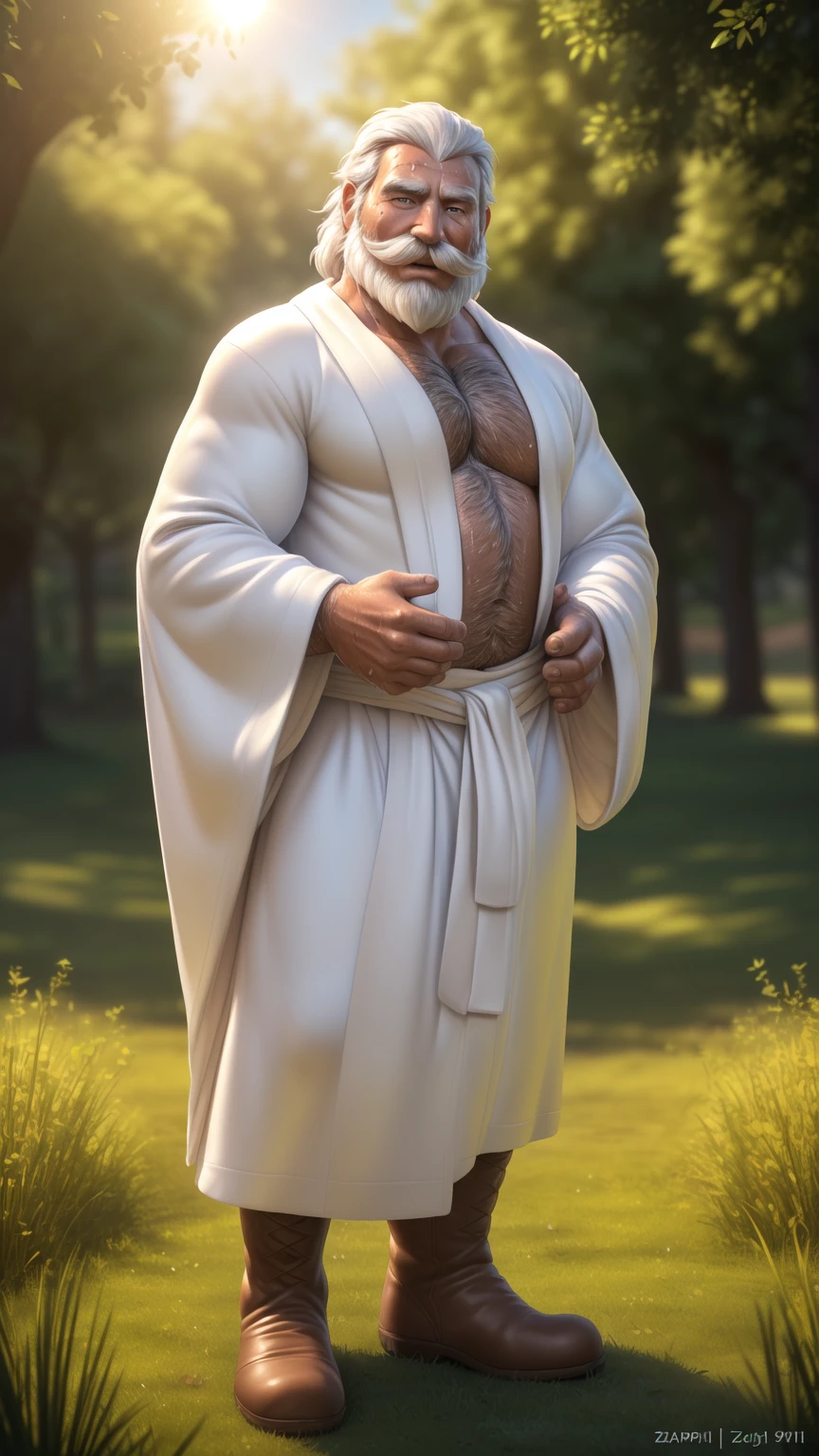 Gandalf, (pose:Full Body Shot), (posing:Full Body Shot), (soft shading), (((4k, hi res, Ray tracing))), ((((extreme detailed sweat drops, glistening, glistening body))), (((five fingers, detailed hands))), ((detailed face, (detailed eyes:1.0), detailed)), by zackarry911, by zaush, (by personalami:0.5), looking at viewer, (((happy,wise eyes))), (((old and wise))),shirtless, 1boy, (((Highly detailed hair))), standing,(((standing,ashamed))),((( Mustache,body hair, beard, tuft, arm tuft))),(((dad bod))) ,male focus, white hair, (((handsome))), nature, // ((human)),(((white Robe, brown boot))),((Human, looking at viewer)),((grassy field background, lens blur, lens flare)),