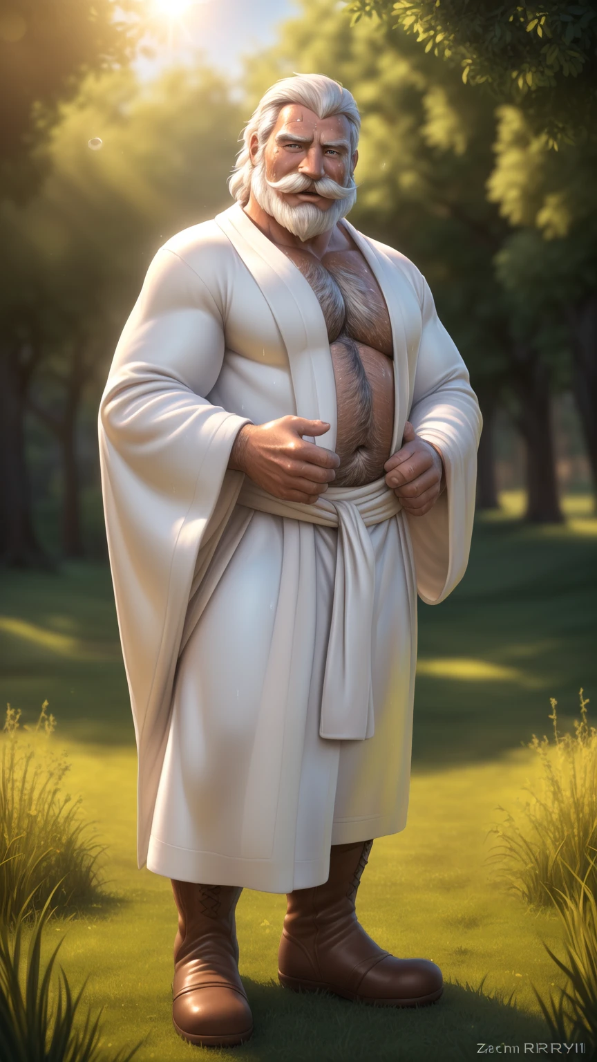 Gandalf, (pose:Full Body Shot), (posing:Full Body Shot), (soft shading), (((4k, hi res, Ray tracing))), ((((extreme detailed sweat drops, glistening, glistening body))), (((five fingers, detailed hands))), ((detailed face, (detailed eyes:1.0), detailed)), by zackarry911, by zaush, (by personalami:0.5), looking at viewer, (((happy,wise eyes))), (((old and wise))),shirtless, 1boy, (((Highly detailed hair))), standing,(((standing,ashamed))),((( Mustache,body hair, beard, tuft, arm tuft))),(((dad bod))) ,male focus, white hair, (((handsome))), nature, // ((human)),(((white Robe, brown boot))),((Human, looking at viewer)),((grassy field background, lens blur, lens flare)),