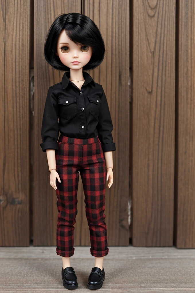 A blythe doll with medium short  black hair, brown eyes,plain  black shirt, black and red plaid oversided pants