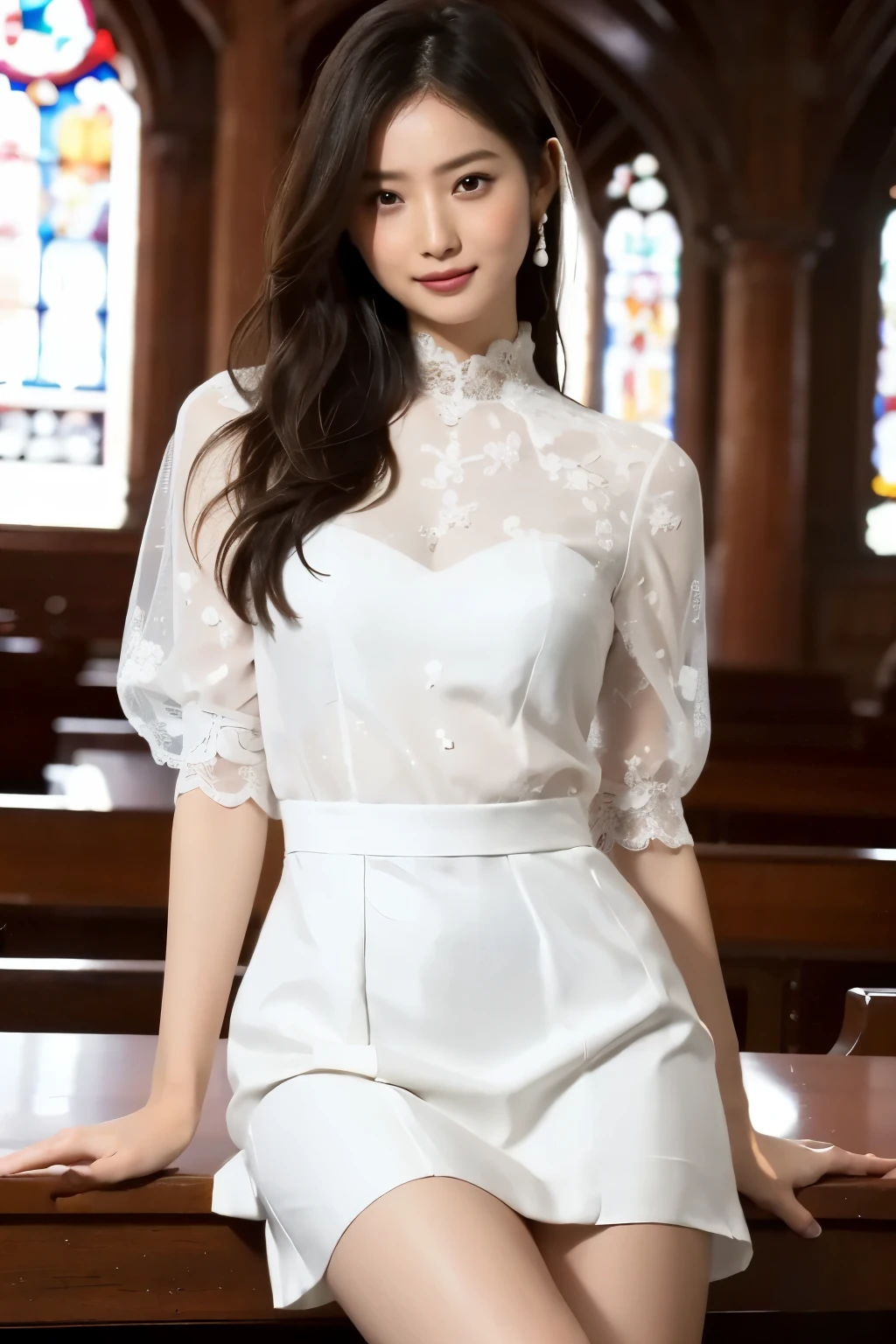 8K RAW Photos, Highest quality, masterpiece, Ultra-high resolution, 3d, Realistic, One girl, Asian, black_hair, length_hair, nose, wedding dress, Natural skin texture, light brown_eye, detailed eyes and face, lips, lipstick, smile, perfect legs,Beautiful feet, Beautiful church location, (Detailed Background), Checked skirt, White shirt, Blurred Background, white dress like a wedding dress,