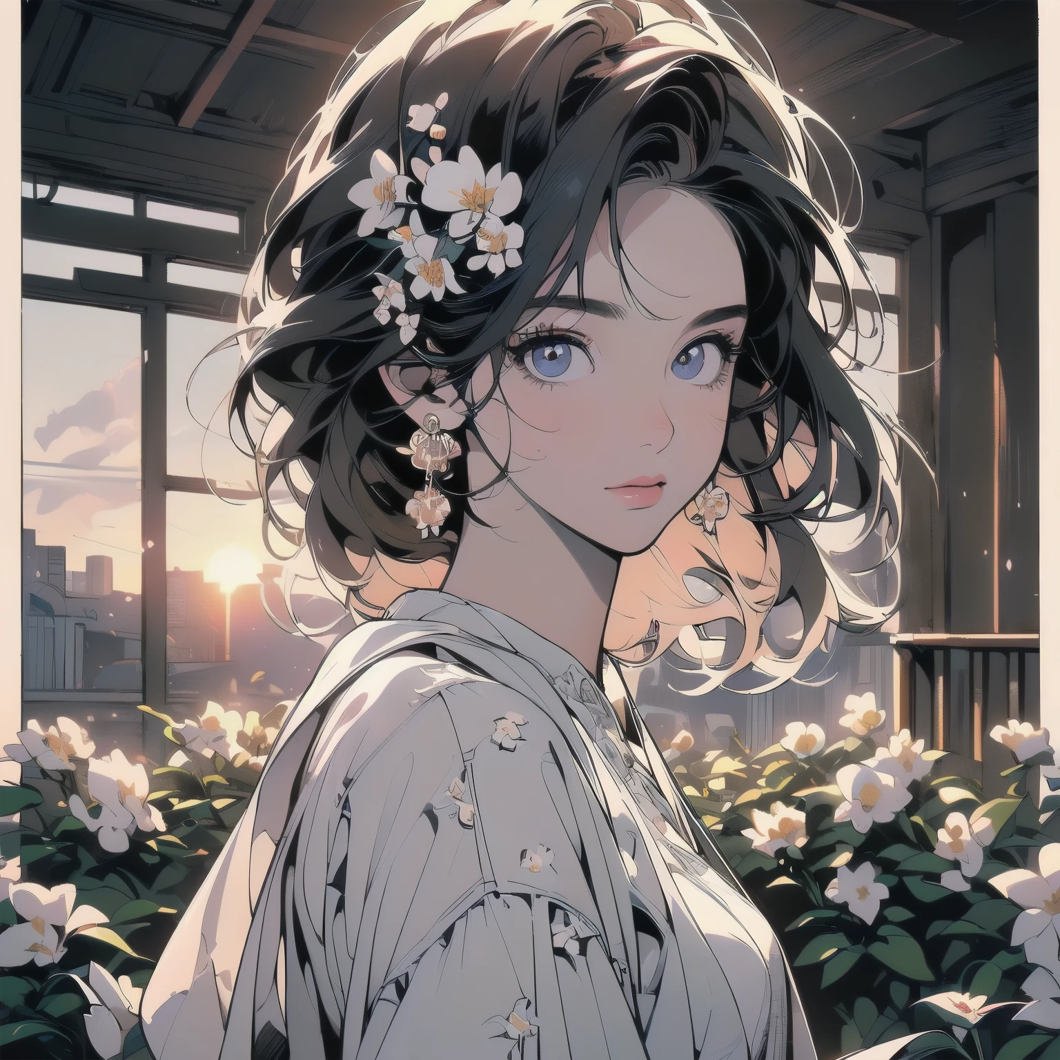 (((Fisheye Lens))), Very wide white background, Superior quality, masterpiece, 8K, Depth of written boundary, Intricate details, (((unmanned))), Very large margins, Lots of text, Company logo, space, Movie Posters, (((ruins))), (((Covered in white flowers)))), Nostalgia, (((sunset))), Supercar, Panorama, Long Shot, Backlight, (((Dull colors))),(((Only One Woman))), (((Perfect Face))), 14k, (((Highly detailed background))), (((Highest quality))),(((Cowboy Shot))), Ultra detailed hair, (((Faint lighting))), Super beauty, (((Detailed face))), ((((Various poses)))), ((((Different angles)))), (((The wind is blowing))),(((Highly detailed beautiful black glowing eyes))),(((All pure white flowers))),(((Light on the face.))),(((Inside the building)))、(((Volcanic Ash City)))