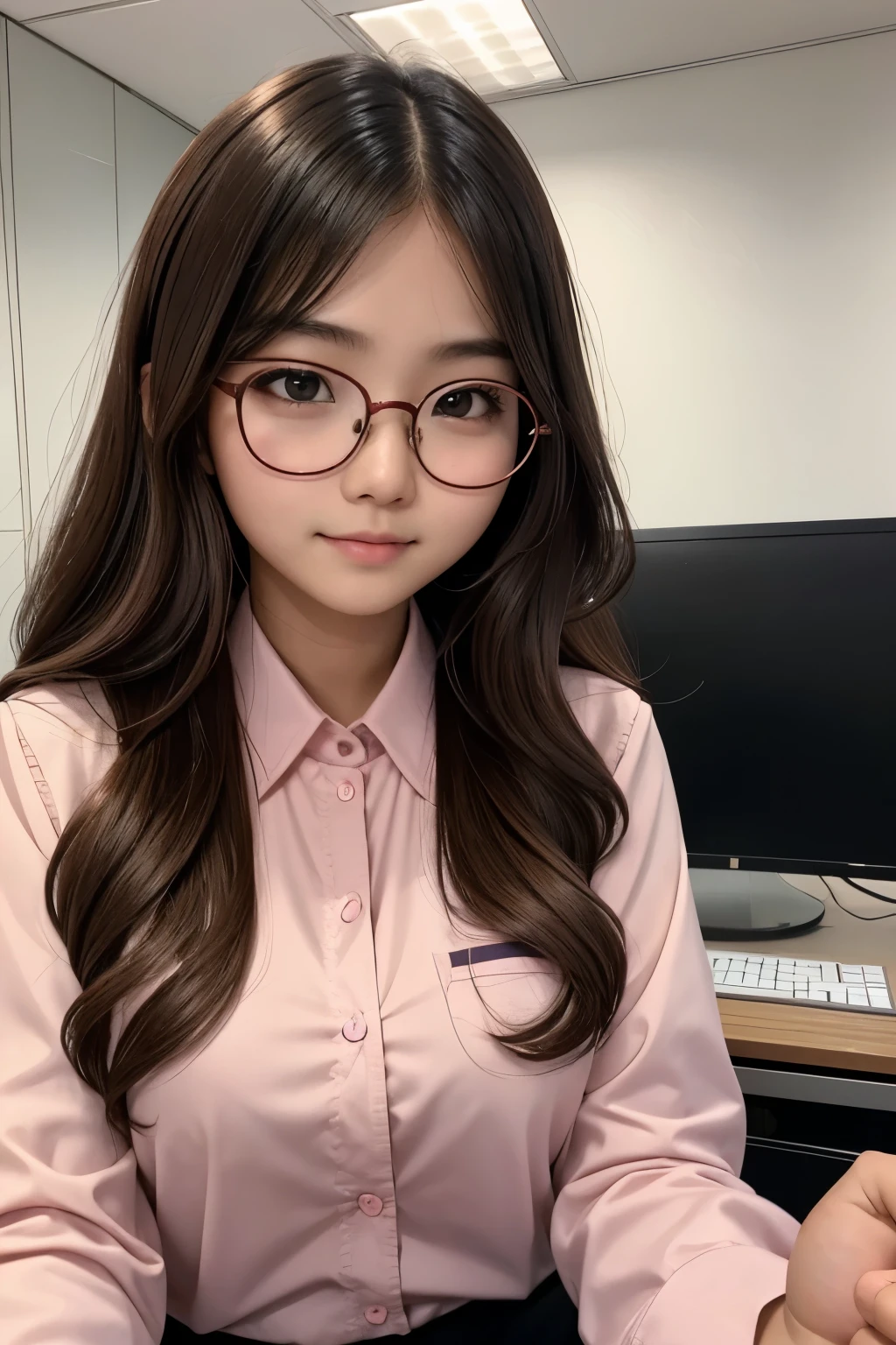 detailed face of photo. 20 year old white skin slim body Indonesian girl with a sweet face, round face chubby face and long brown wavy hair, round glasses wearing long Sleeve pink formal shirt in office