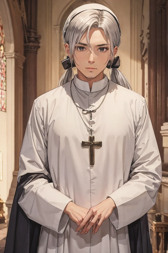 chest, big, twin tail, silver hair, priest, side, saint, disgusting