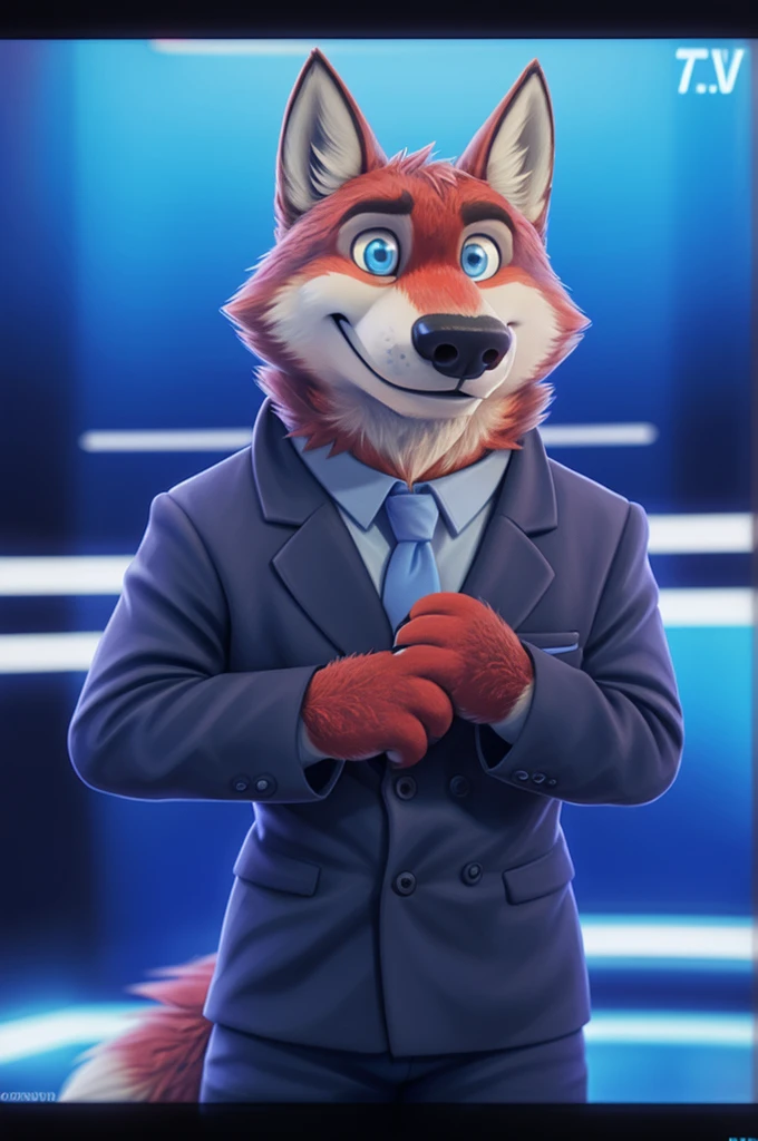 Ivan Fedorovich Wolfbach (Novosibirsk) ,tall handsome, wolf,young, 24 years, brown fur,Kind,(red body:1.3),beautiful blue eyes,Novosibirsk,dressed, Blue blazer, shirt, tie, blue pants, wolf, detailed fur, male,paw pads, finger claws,At the viewer, 5 fingers, paws, 5 fingers, smile, wrist watch, т nextel,by xenoforge, (difficult, high detail, digital photography, soft focus, RAW variety близко к камере, variety,Novosibirsk, smile, good mood, positive, Very close to the camera,presenter Moscow, TV channel Russia 1,lead photorealism, realistic, digital style, Subsurface scattering,looks at the squares, News studio, a good mood, funny, super
masterpiece, Best quality, ultra realistic, 8 thousand.)