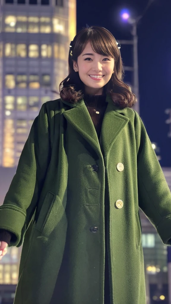 A real-life photo of a cute Japanese weather forecaster wearing a closed coat,Medium Hair, pumps,A girl broadcasting live with a microphone,Broadcasting with a microphone outdoors in Tokyo in winter,Standing in front of Tokyo Station,wearing pumps and black tights,masterpiece,ultra detail face,genuine photo,realistic