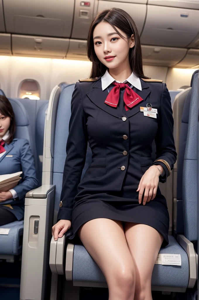 1 woman, 40 years、overly detailed face、detailed lips、eye for detail、double eyelid、(black bob hair、Like an airplane stewardess々do a good job)、(stewardess uniform:1.2)、(glamorous body)、(huge breasts)、laugh、thighs thighs thighs thighs, perfect fit, Perfect image realism, background: (Business class aisle on airplanes:1.2), cowboy shot, 심층적인 background, detailed costumes, perfect reading、surrealism、(realistic:1.4)、8K maximum resolution, (masterpiece), very detailed, professional