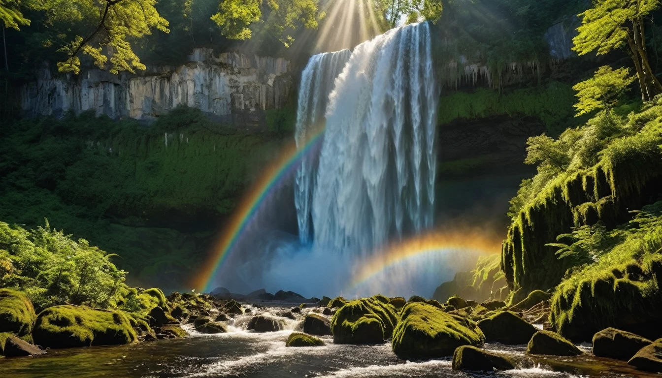  ((Masterpiece)), ((Best Quality)), (Very Detailed), ((Very Detailed)), 4K, (8K), very aesthetic, absurdres highres, A scene in which a tall waterfall in a deep forest cascades down with dynamic spray. Moss-covered rock faces spread out on both sides of the waterfall, and the soft backlit sunlight cast a rainbow on the spray of the waterfall. The texture of the waterfall's flow, the particles of the water spray, the details of the leaves in the forest, and the shine of the water surface in the waterfall basin are depicted in detail.