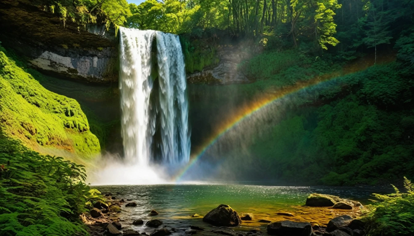  ((Masterpiece)), ((Best Quality)), (Very Detailed), ((Very Detailed)), 4K, (8K), very aesthetic, absurdres highres, A scene in which a tall waterfall in a deep forest cascades down with dynamic spray. Moss-covered rock faces spread out on both sides of the waterfall, and the soft backlit sunlight cast a rainbow on the spray of the waterfall. The texture of the waterfall's flow, the particles of the water spray, the details of the leaves in the forest, and the shine of the water surface in the waterfall basin are depicted in detail.