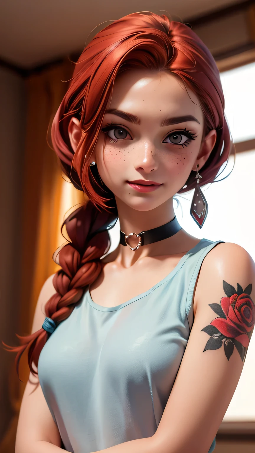 SFW,highest quality,woman,27 year old,backlighting,black choker,blurry background,blush,closed mouth,collarbone,earrings,forehead,freckles,hair over shoulder,jewelry,long hair,cute smile, looking down,pointy nose,lips glossy,shadow,solo,thick eyebrows,thick eyelashes,upper body,red hair,braids,tattoos,tattoos on arms,black rose tattoos on neck,sun beams,warm light,cozy,((masterpiece)),